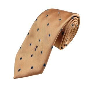 Yves Saint Laurent YSL Silk Tie Gold Blue Diamond 3" x 54" Embroidered Logo